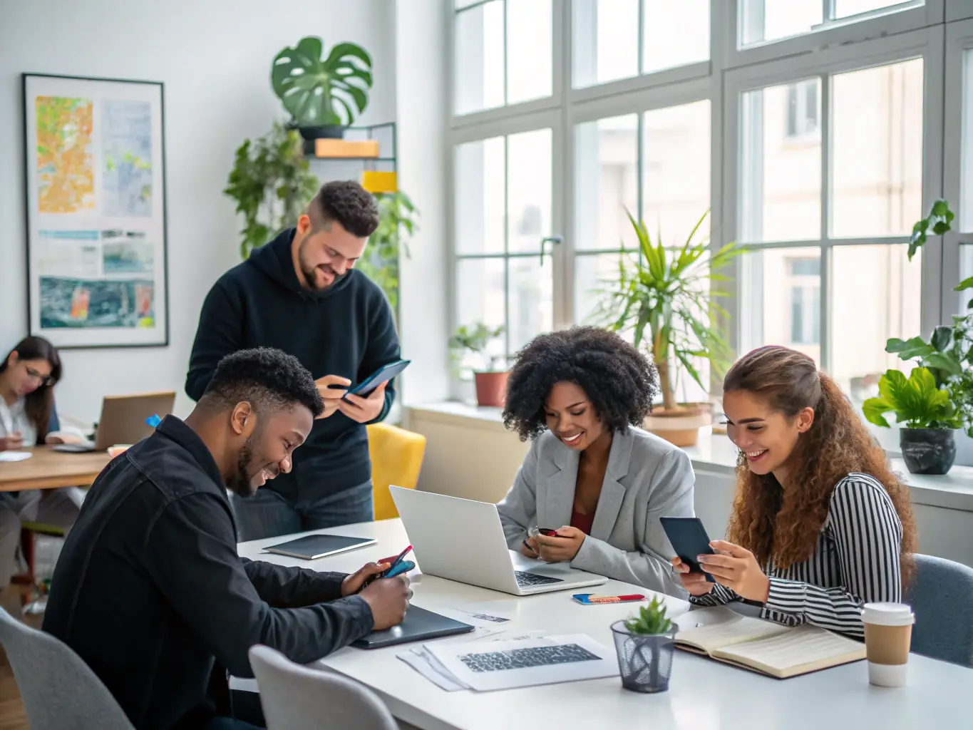 An image showing employees accessing a sleek, modern intranet dashboard on various devices in a corporate office, representing Bessa Consultores' intranet and corporate portal development services.