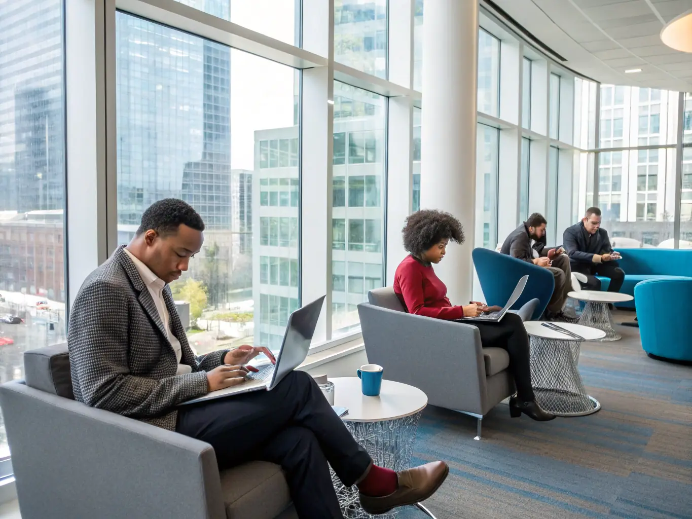 An image showing employees accessing a sleek, modern intranet dashboard on various devices in a corporate office, representing Bessa Consultores' Intranet and Corporate Portal Development service.