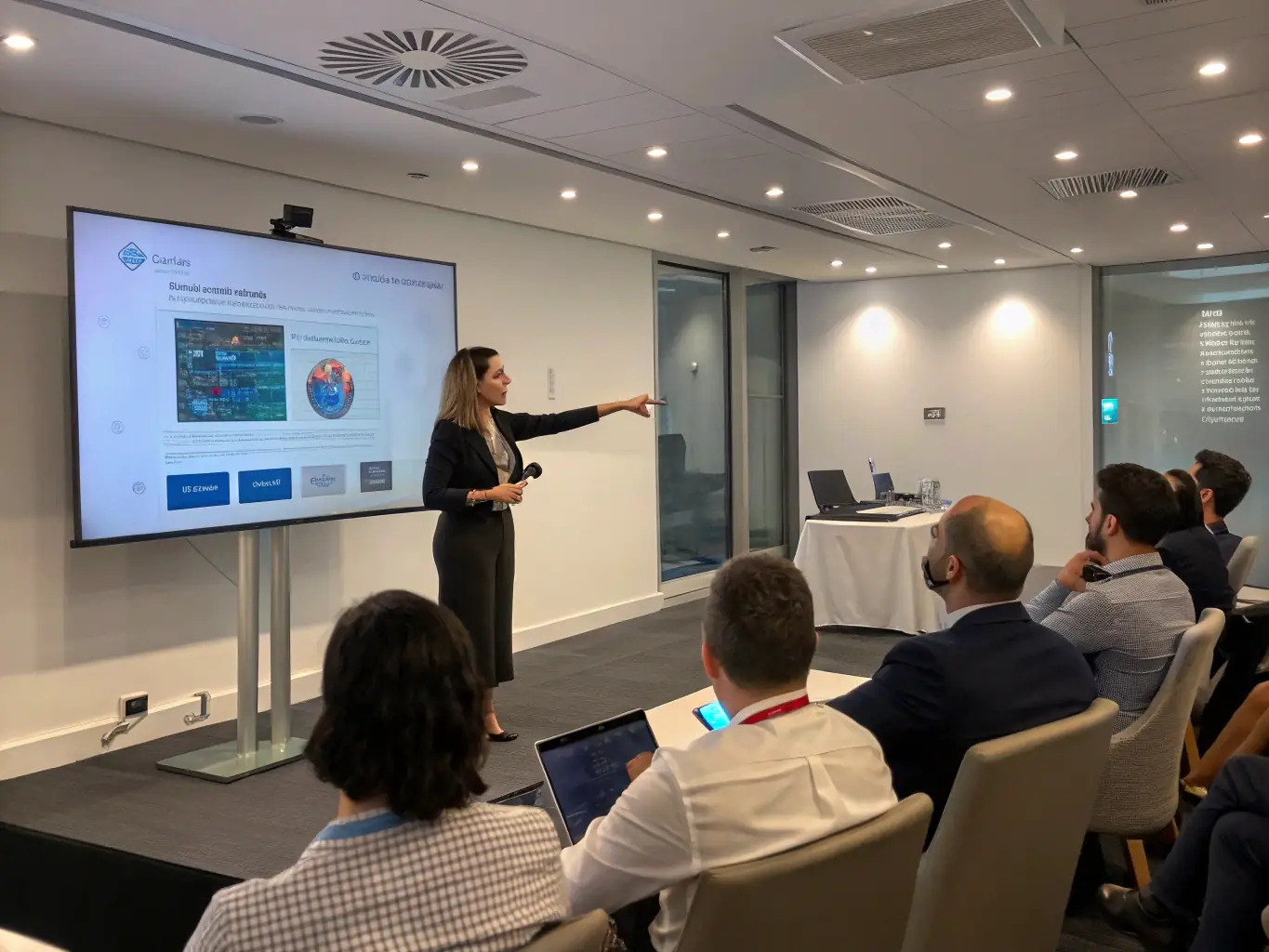 A trainer conducting a workshop with employees using laptops and presentation materials, showcasing Bessa Consultores' corporate IT training programs.