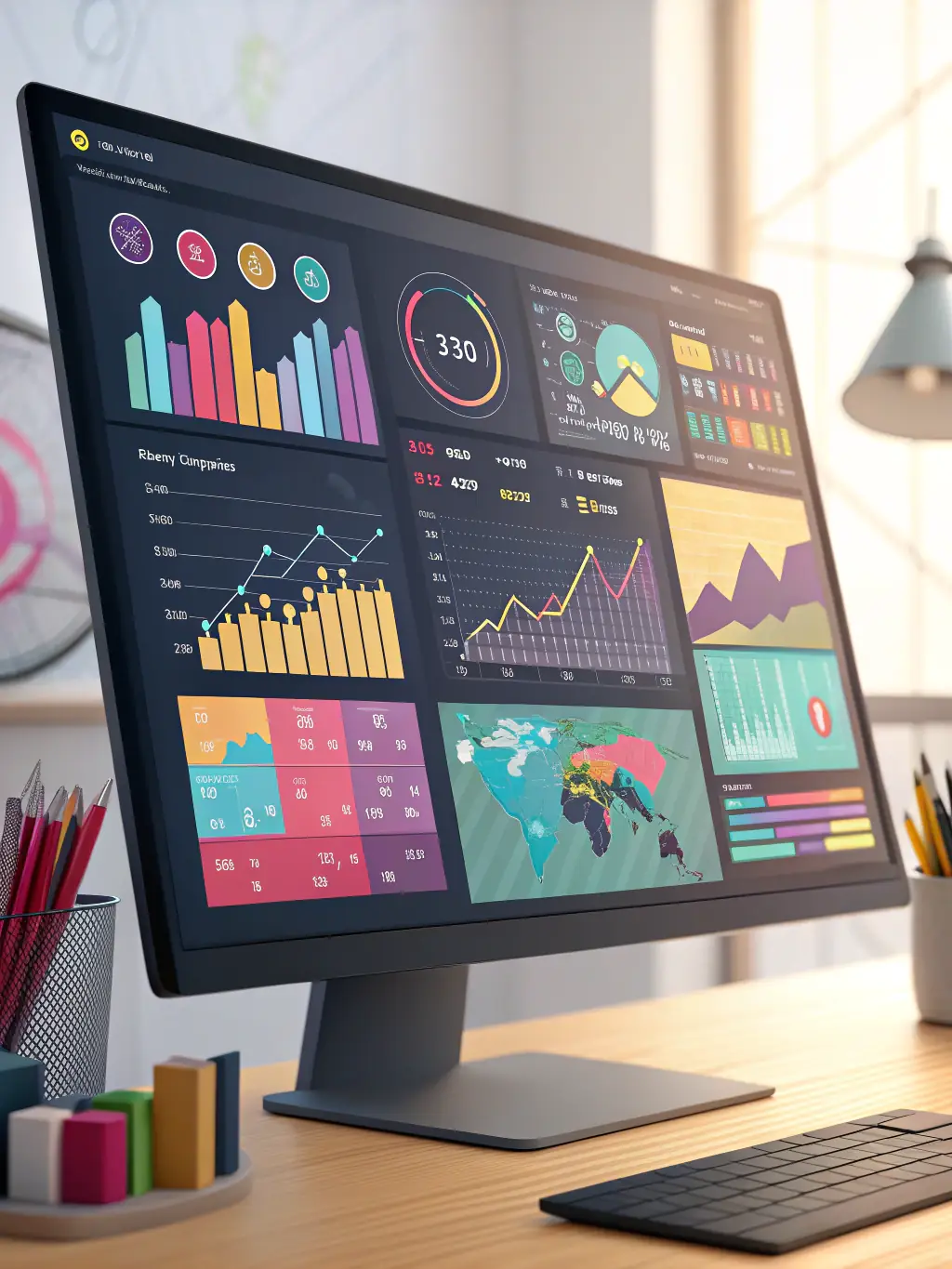 A dashboard in Power BI displaying various charts and graphs representing key performance indicators (KPIs) for a business, used to showcase Bessa Consultores' Power BI implementation service.