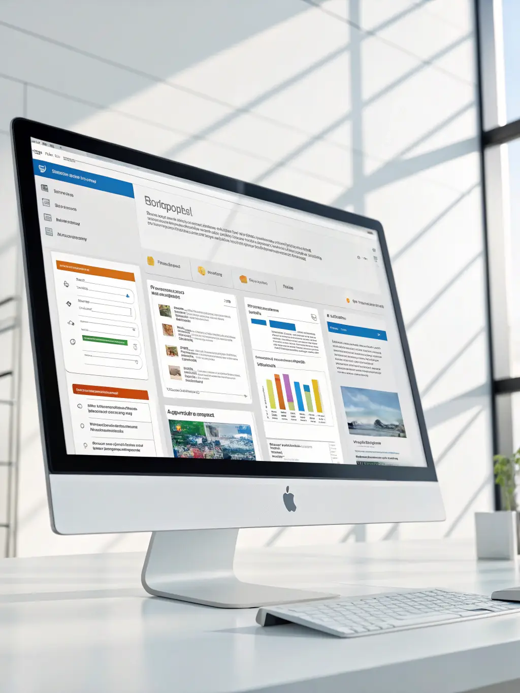 A modern intranet interface on a computer screen, showcasing a clean and organized layout with team collaboration features, used to illustrate Bessa Consultores' intranet development service.
